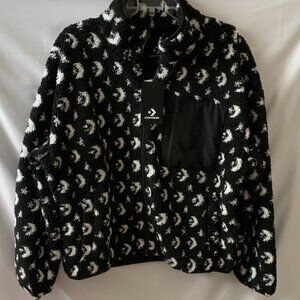 CONVERSE All Over Logo Sherpa Full Zip Jacket in Black/White Sz LARGE